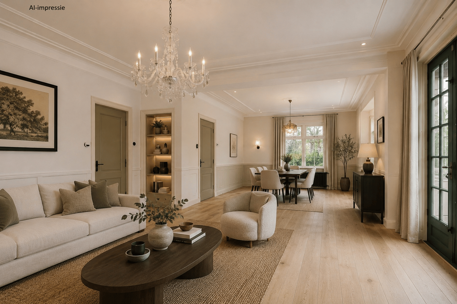 Royale woonkamer met erker