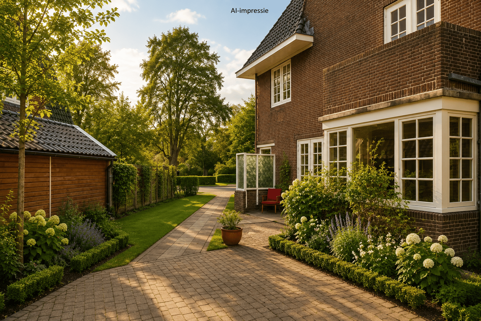 Zonnige achtertuin en achtergevel